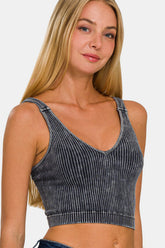 Zenana Washed Ribbed Cropped V-Neck Tank Ash Black OutfitFlow
