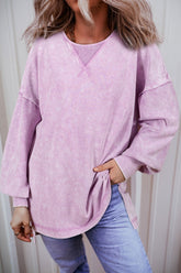 Exposed Seam Round Neck Long Sleeve Sweatshirt Pink Purple OutfitFlow