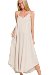 Zenana Woven Arc Hem Cami Dress With Flowy Pockets SAND BEIGE OutfitFlow