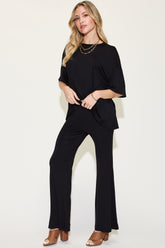 Basic Bae Full Size Bamboo Drop Shoulder T-Shirt and Flare Pants Set Black OutfitFlow