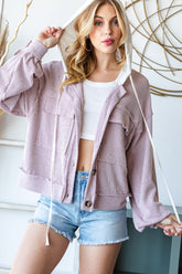 Reborn J Contrast Hooded Button Down Ribbed Jacket Frost Violet OutfitFlow