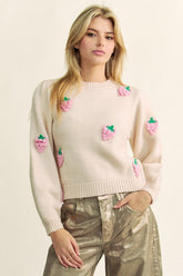 Davi & Dani Crochet Strawberry Round Neck Sweater Beige OutfitFlow