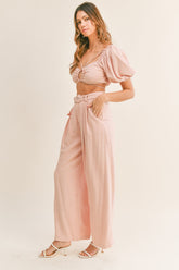 MABLE Cut Out Drawstring Crop Top and Belted Pants Set Dusty Pink OutfitFlow