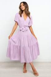 Tied Back Tiered Short Sleeve Midi Dress Pink Purple OutfitFlow