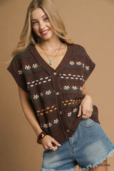 Umgee Button-Down Knit Vest with Floral Pattern BROWN OutfitFlow