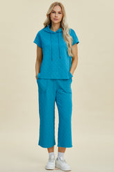 Double Take Full Size Texture Drawstring Short Sleeve Hoodie and Pocketed Pants Set Cerulean OutfitFlow
