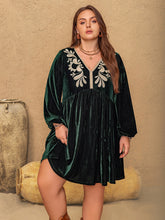 Plus Size Embroidered V-Neck Long Sleeve Dress Black Forest OutfitFlow