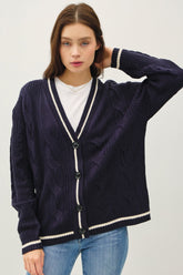 Be Cool Contrast Trim Cable-Knit V-Neck Cardigan Navy OutfitFlow