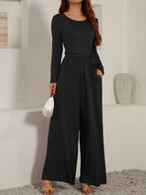 Tied Round Neck Long Sleeve Jumpsuit Black OutfitFlow