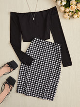Off-Shoulder Long Sleeve Top and Houndstooth Skirt Set Black OutfitFlow