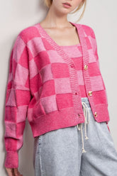 Checkered V-Neck Long Sleeve Cardigan Hot Pink OutfitFlow