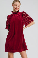 Umgee Dotted Lace Half Sleeve Mock Neck Back Tie Velvet Dress Burgundy OutfitFlow
