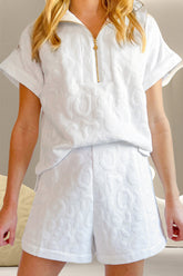 Half Zip Short Sleeve Top and Shorts Set White OutfitFlow