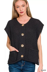 Zenana Button Down Sweater Vest with Front Pockets BLACK OutfitFlow
