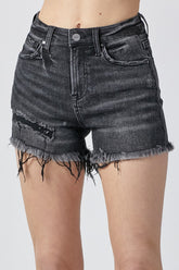 RISEN Raw Hem Denim Shorts with Pockets Black OutfitFlow