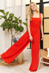 ADORA Full Size Smocking Top Wide Leg Jumpsuit Plus Size RED CORAL OutfitFlow