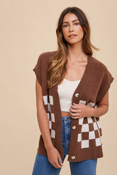 Annie Wear Checkered Button Down Short Sleeve Cardigan Dark Brown OutfitFlow
