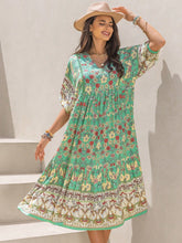 Ruched Printed Puff Sleeve Midi Dress Light Green OutfitFlow