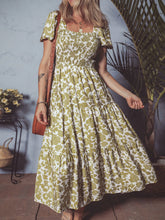 Boho Floral Square Neck Smocked Bust Puff Sleeve Tiered Dress Floral OutfitFlow