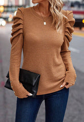 Decorative Button Round Neck Puff Sleeve Blouse Camel OutfitFlow