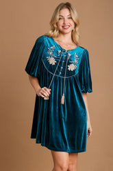 Umgee Embroidered Half Sleeve Velvet Mini Dress with Tassel Deep Teal OutfitFlow