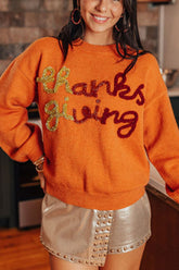 THANKSGIVING Round Neck Dropped Shoulder Sweater Orange OutfitFlow