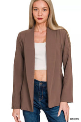 Zenana Woven Long Sleeve Blazer With Lining BROWN OutfitFlow