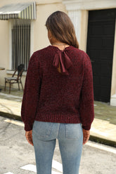 Tied Heathered Round Neck Long Sleeve Sweater Burgundy OutfitFlow