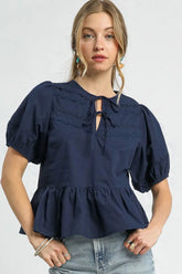 Umgee Tie Front Puff Sleeve Blouse Dark Navy OutfitFlow