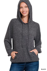 Zenana Brushed Hacci Melange Hooded Sweater BLACK OutfitFlow