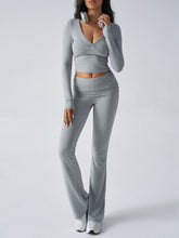 Devine Ruched Long Sleeve Top and Pants Set Light Gray OutfitFlow