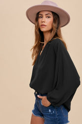 Annie Wear Notched Batwing Sleeve Blouse Black OutfitFlow