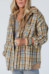 Drawstring Waffle Knit Patchwork Hooded Plaid Jackets Plaid OutfitFlow