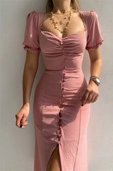 Sweetheart Neck Short Sleeve Dress Dusty Pink OutfitFlow