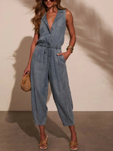 Sleeveless Drawstring Waist Washed Denim Jumpsuit Medium OutfitFlow