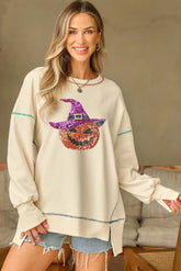Contrast Stitching Sequin Pumpkin Round Neck Long Sleeve Sweatshirt Ivory OutfitFlow