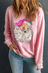 Santa Round Neck Long Sleeve Sweatshirt Blush Pink OutfitFlow