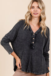 Mittoshop Washed V-Neck Long Sleeve Blouse Charcoal OutfitFlow