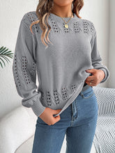 Openwork Round Neck Long Sleeve Sweater Gray OutfitFlow