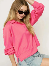 Umgee Exposed Seam Long Sleeve Polo Top with Side Slit BUBBLEGUM OutfitFlow