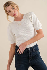 And The Why Puffed Half Sleeve Rib Basic Bodysuit White OutfitFlow