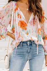 Printed Tie Neck Long Sleeve Blouse Floral OutfitFlow