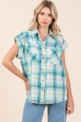 Mittoshop Mineral Wash Plaid Button Down Shirt Turquoise OutfitFlow
