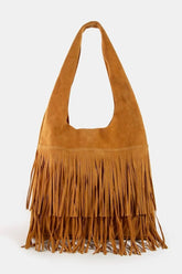 Fame Layered Fringe Detail Suede Hobo Bag LBR One Size OutfitFlow