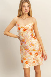 HYFVE Floral Cowl Neck Flirty Satin Mini Dress ORANGE OutfitFlow