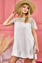 BiBi Crochet Lace Yoke Detailed Wrinkled Dress IVORY OutfitFlow