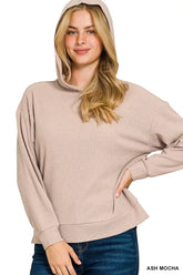 Zenana Ribbed Long Sleeve Hoodie ASH MOCHA OutfitFlow