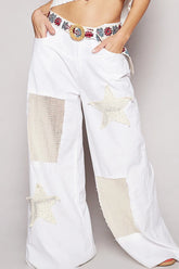 POL Raw Hem Star Patch Wide Leg Pants White OutfitFlow