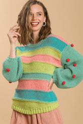 Umgee Full Size Color Block Cable Knit Sweater with Pom Pom Plus Size EMERALDMIX OutfitFlow