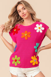 BiBi Flower Round Neck Cap Sleeve Knit Top Fuchsia Multi OutfitFlow